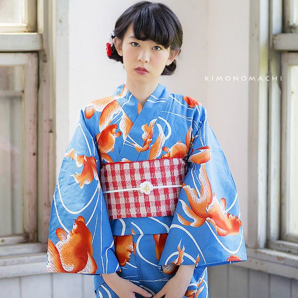 ら　綿麻浴衣　長身　裄72cmサイズ　ひまわり✕金魚 浴衣3点セット（浴衣/帯/下駄） utatane ゆかた フリーサイズ（身長155