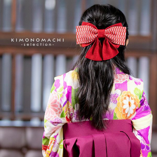 卒業式応援75％SALE 3/5迄)リボン髪飾り「赤色 矢羽」髪飾り ちりめん