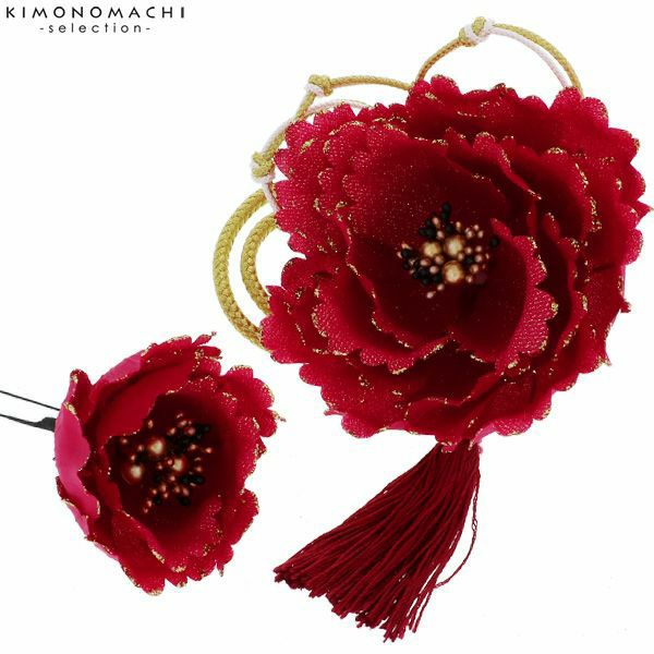お花髪飾り2点セット「赤紅色　牡丹」髪飾り 成人式、結婚式 振袖髪飾り お花髪飾り 房飾り No.51141　赤