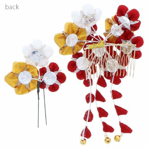 Prices down4】つまみ細工髪飾り2点セット「赤×金 つまみのお花