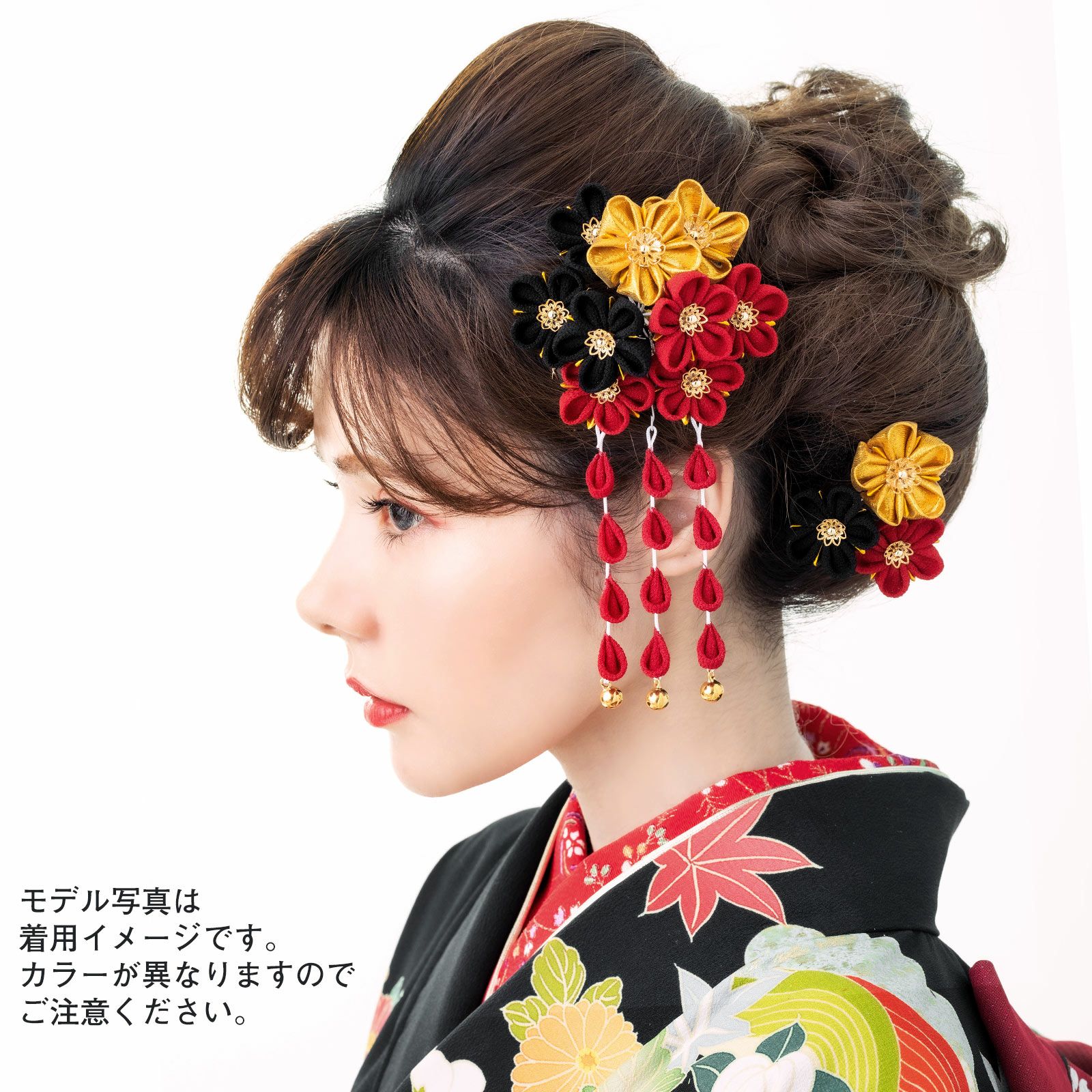 Prices down4】つまみ細工髪飾り2点セット「赤×金 つまみのお花