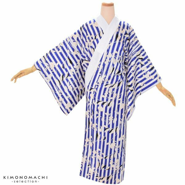 Prices down2】洗える長襦袢「青色 縞に草花」お仕立て上がり襦袢 柄