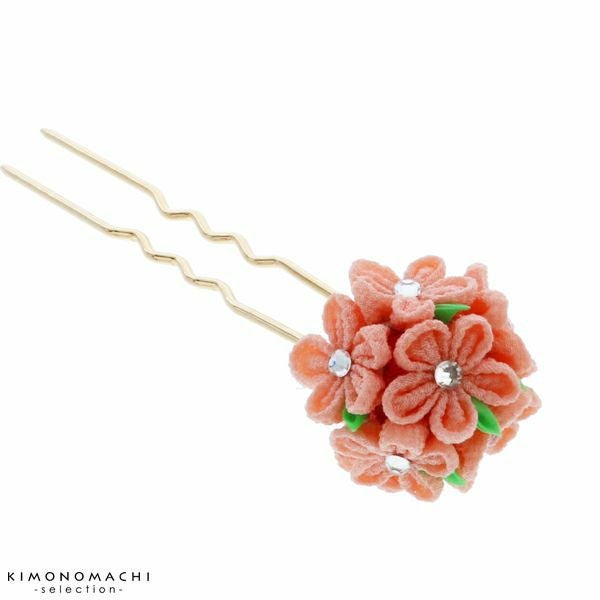 Prices down5】つまみ細工髪飾り「サーモン×ピンク」かんざし 振袖髪