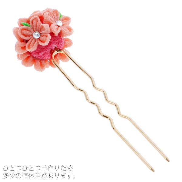 Prices down5】つまみ細工髪飾り「サーモン×ピンク」かんざし 振袖髪
