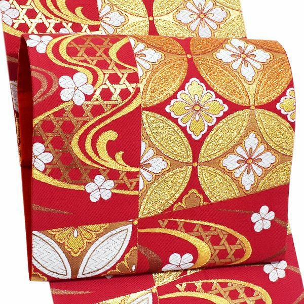Prices down2】振袖 袋帯「赤紅色 市松に流水、七宝」未仕立て 正絹帯
