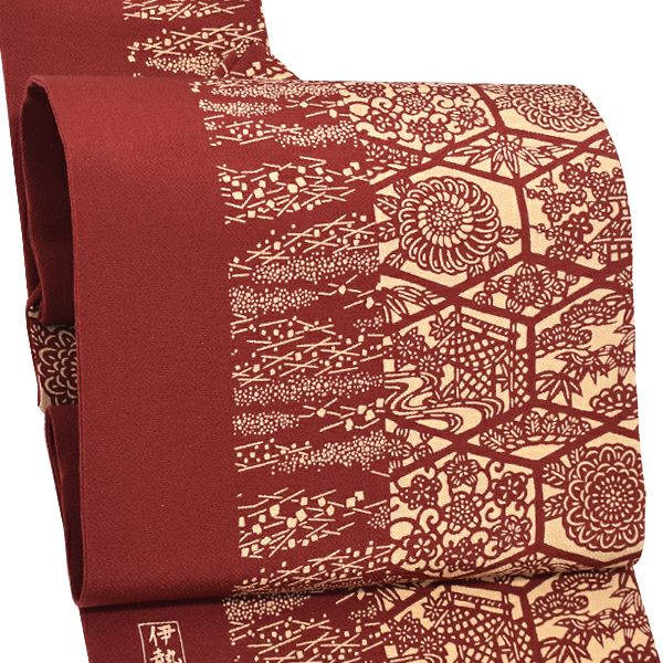 ちりめん 正絹名古屋帯「葡萄茶色　亀甲、吹き寄せ」お仕立て上がり名古屋帯 九寸帯 伊勢型染 六通柄