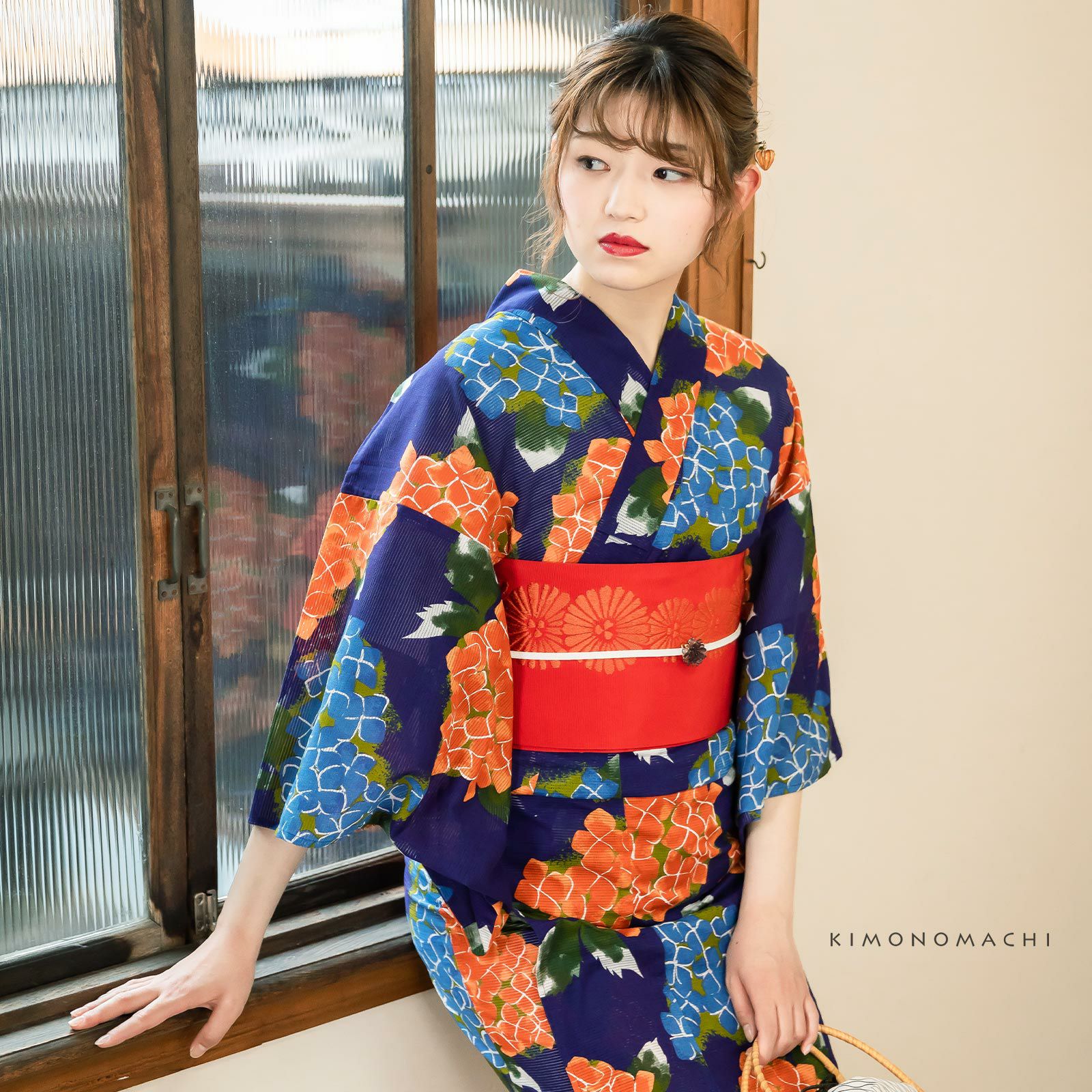 Prices down2】浴衣 レディース 「紫陽花 紺」 綿絽 大人 個性的 花火