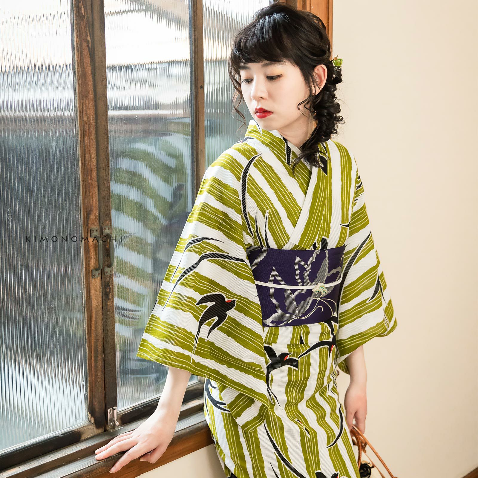 Prices down2】浴衣 レディース 「縞にツバメ 抹茶緑」 綿絽 大人 個性