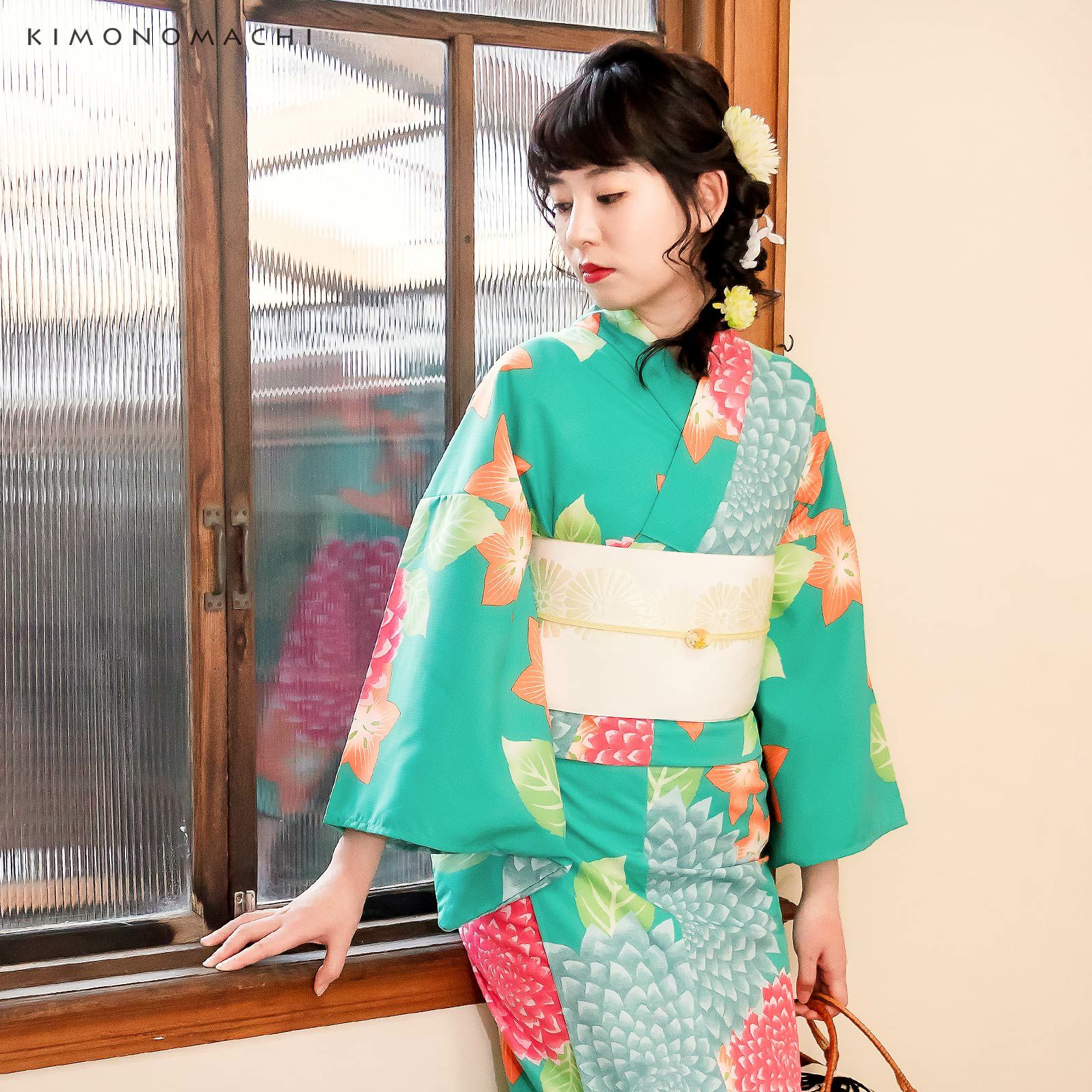 Prices down2】浴衣 レディース 「グリーン ダリア」 吸水速乾