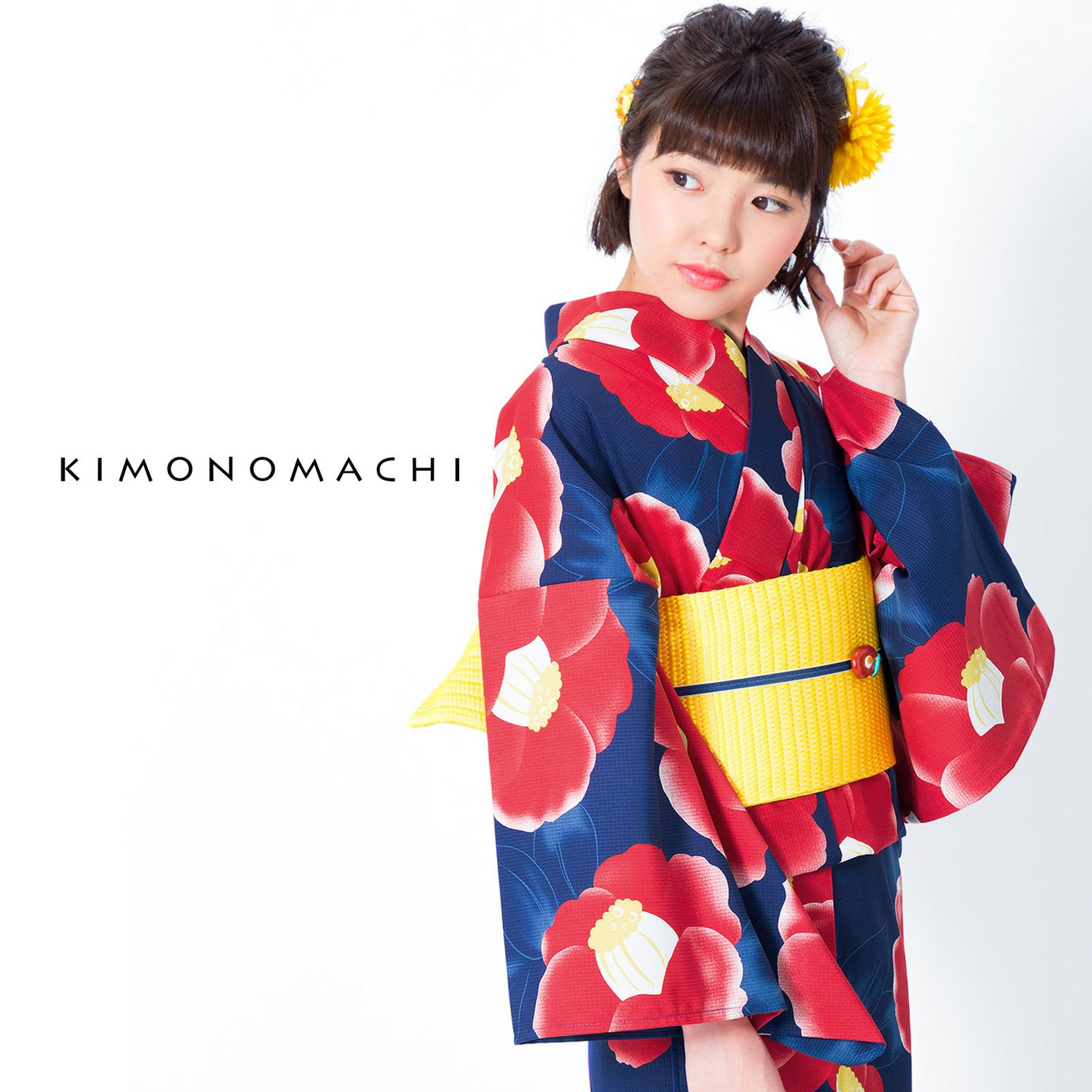Prices down2】浴衣 レディース 「ネイビー 水彩椿」 吸水速乾