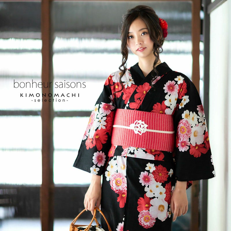 bonheur saisons ブランド浴衣単品 「黒地　洋花（9NC-20）」 ボヌールセゾンFサイズ