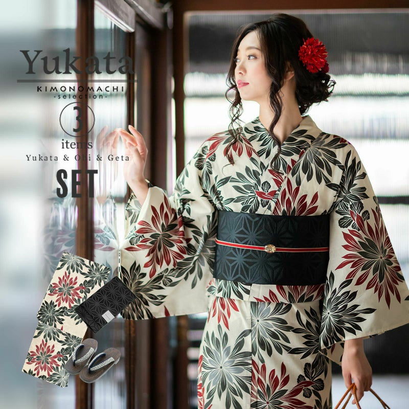 浴衣 セット レディース 大人 浴衣セット 浴衣3点セット（浴衣＋帯＋下駄） 「菊　赤と黒＋半幅帯ブラック」 花火大会　夏祭り　女性用　女性浴衣　ゆかた