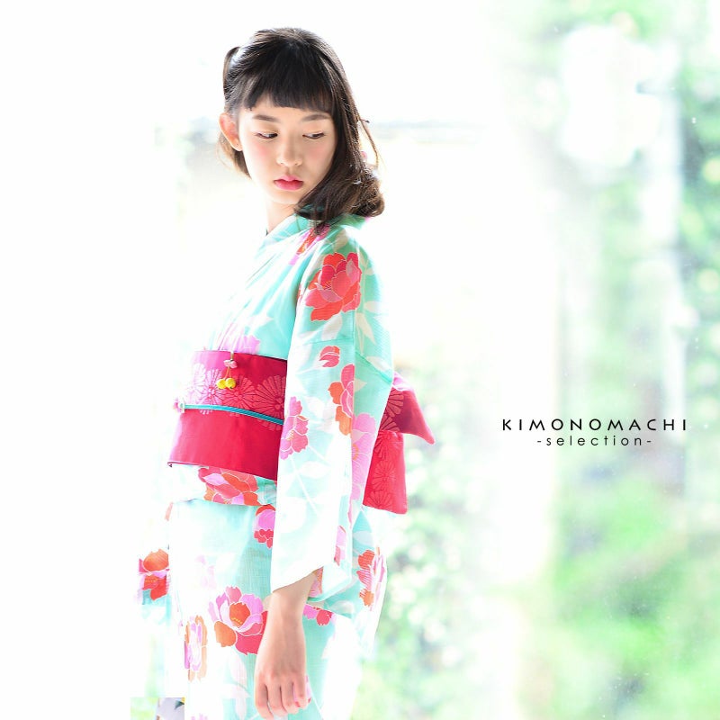 浴衣 レディース 女性浴衣単品「アイスグリーン　薔薇」 綿浴衣 プレタ浴衣 お仕立て上がり浴衣Fサイズ