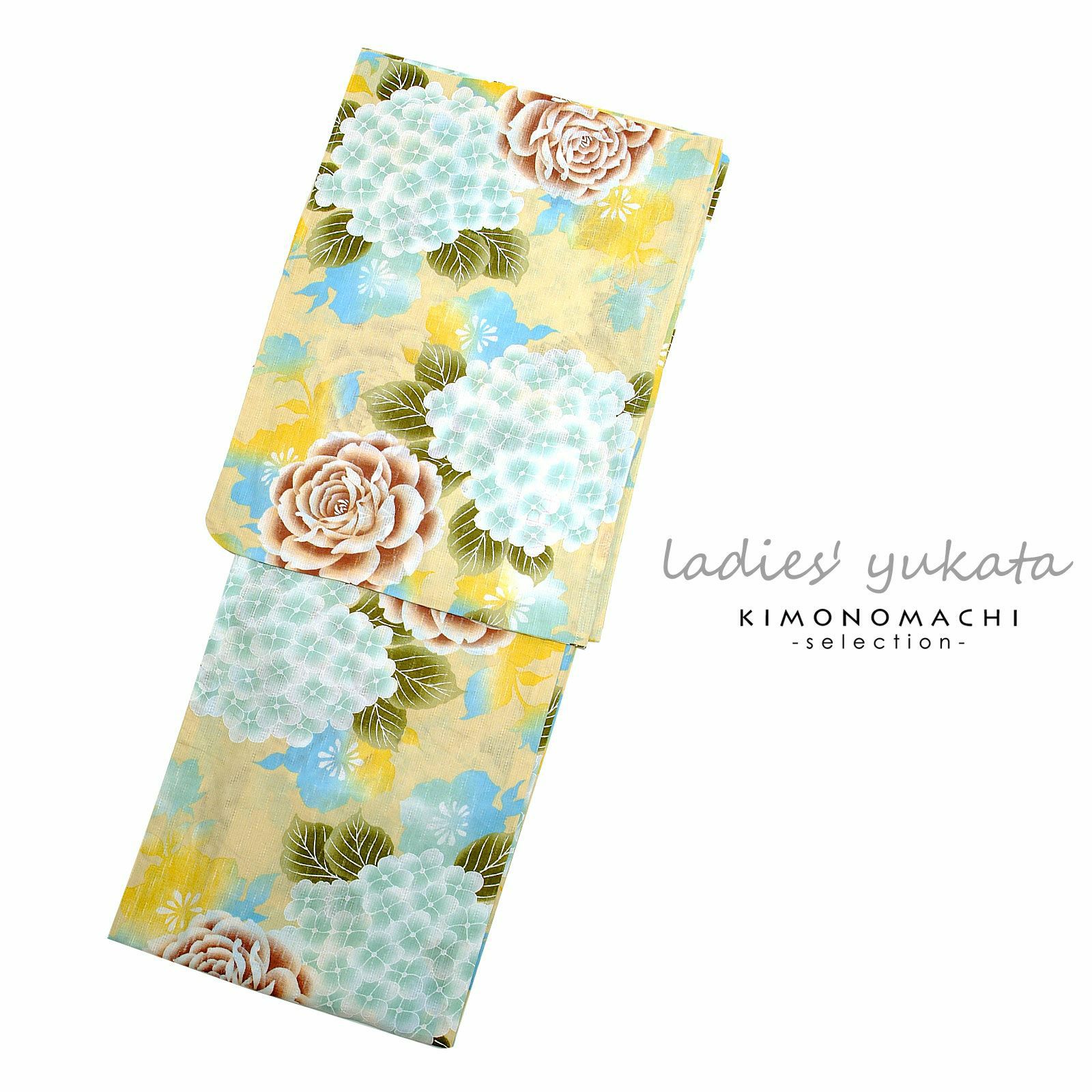 Prices down2】浴衣 レディース 女性浴衣単品「薄黄 あじさいと薔薇