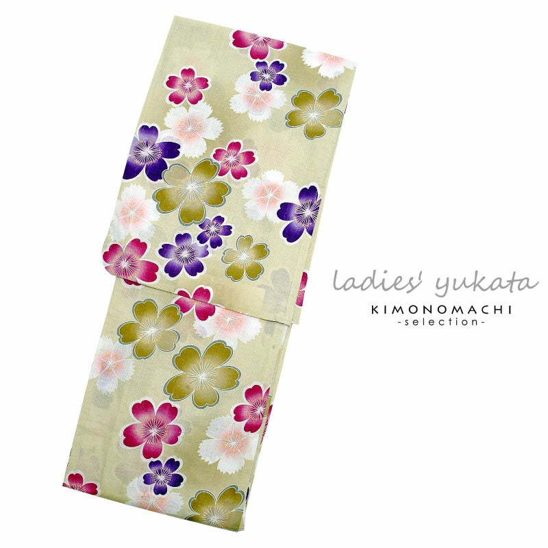 浴衣 レディース 女性浴衣単品「ベージュ　桜と撫子」 綿麻浴衣 プレタ浴衣 お仕立て上がり浴衣Fサイズ