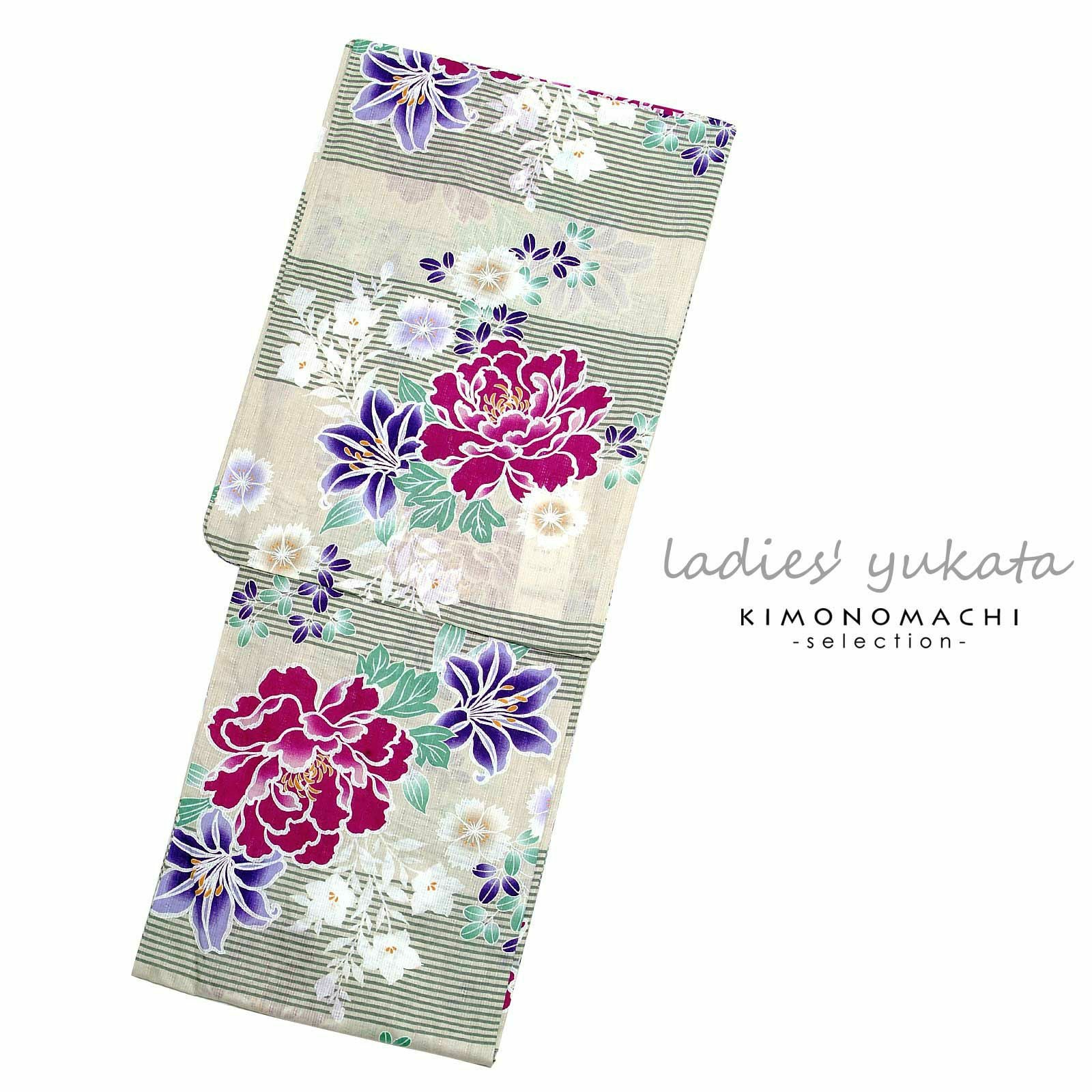 浴衣 レディース 女性浴衣単品「アイボリー　細縞に花」 綿麻浴衣 プレタ浴衣 お仕立て上がり浴衣Fサイズ