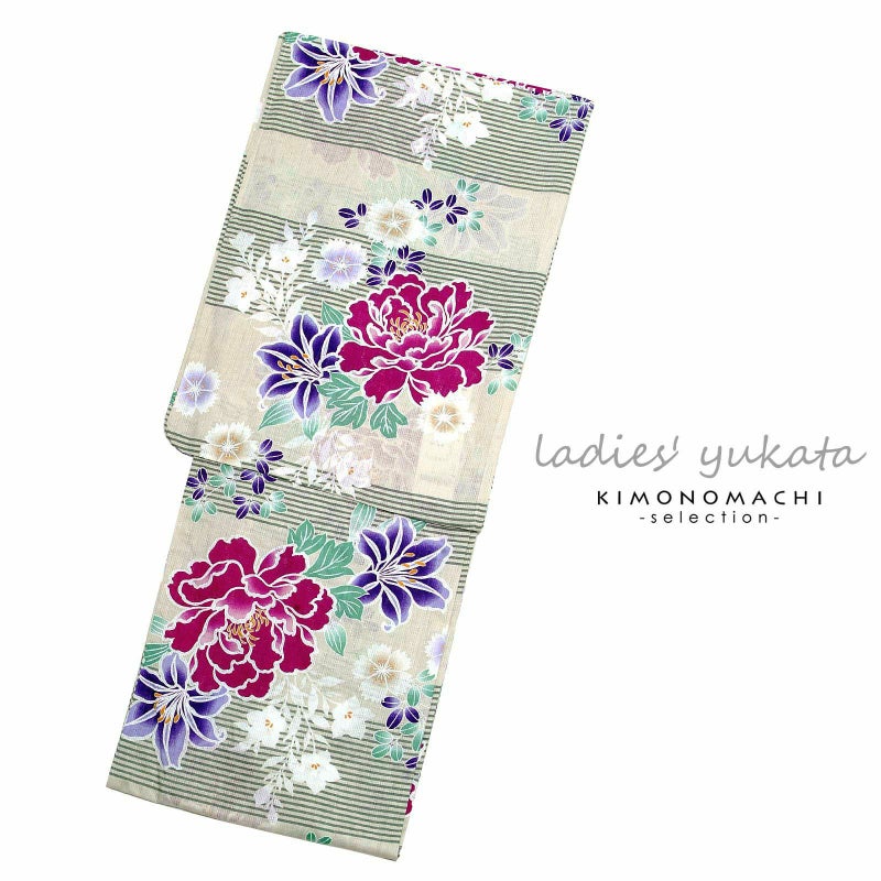 浴衣 レディース 女性浴衣単品「アイボリー　細縞に花」 綿麻浴衣 プレタ浴衣 お仕立て上がり浴衣Fサイズ