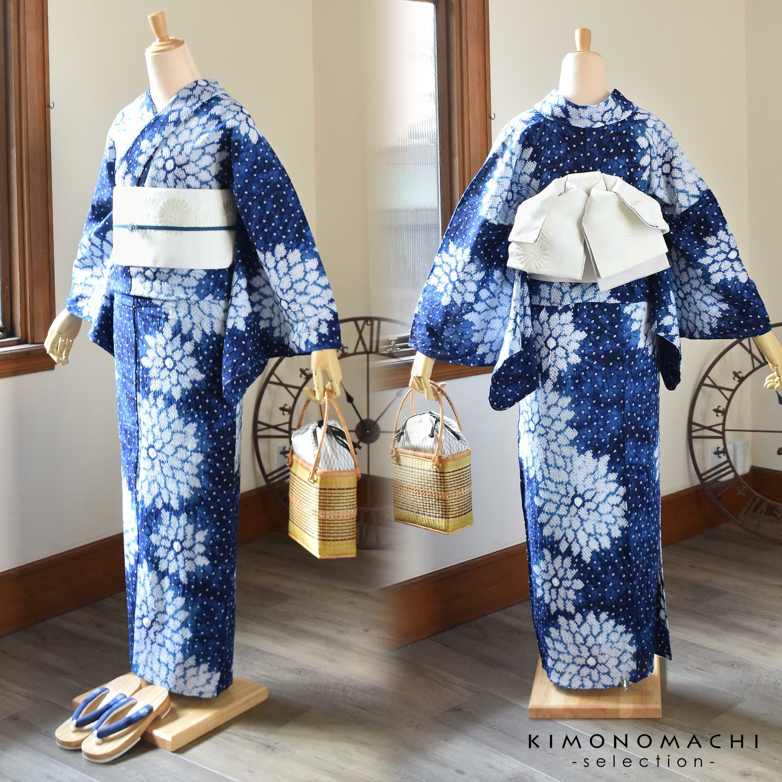 【Q3410】Ｓお仕立て上がり綿浴衣　紺地に花、流水模様　総絞り Q3410】Sお仕立て上がり綿浴衣 紺地に花、流水模様 総絞りの通販 by