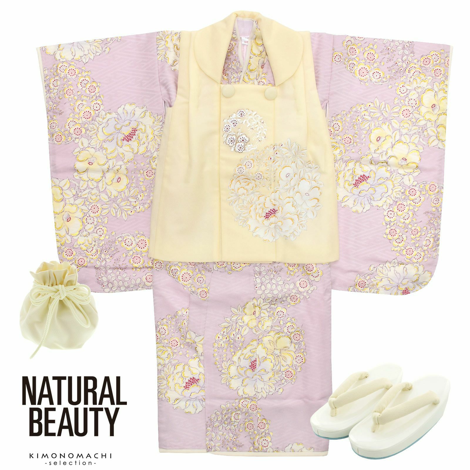 七五三 着物 3歳 ブランド被布セット NATURAL BEAUTY （ナチュラルビューティー） 「パープル BF-2」 女の子 被布コート 6点フルセット 足袋プレゼント12～18cm レトロ着物セット 3才 女児用 三歳被布セット 子供着物 三才のお祝い着 3歳向け