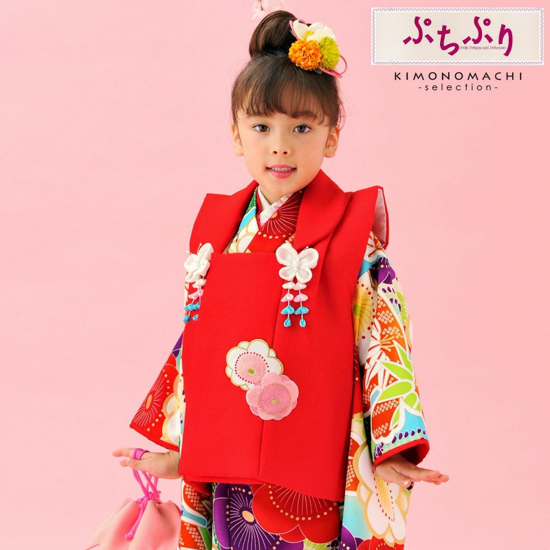 七五三 着物 3歳 ブランド被布セット ぷちぷり 「赤　蝶竹梅赤　#B4」 女の子 被布コート 7点フルセットに刺繍半衿と足袋プレゼント12～18cm レトロ着物セット 3才 女児用 三歳被布セット 子供着物 三才のお祝い着 3歳向け