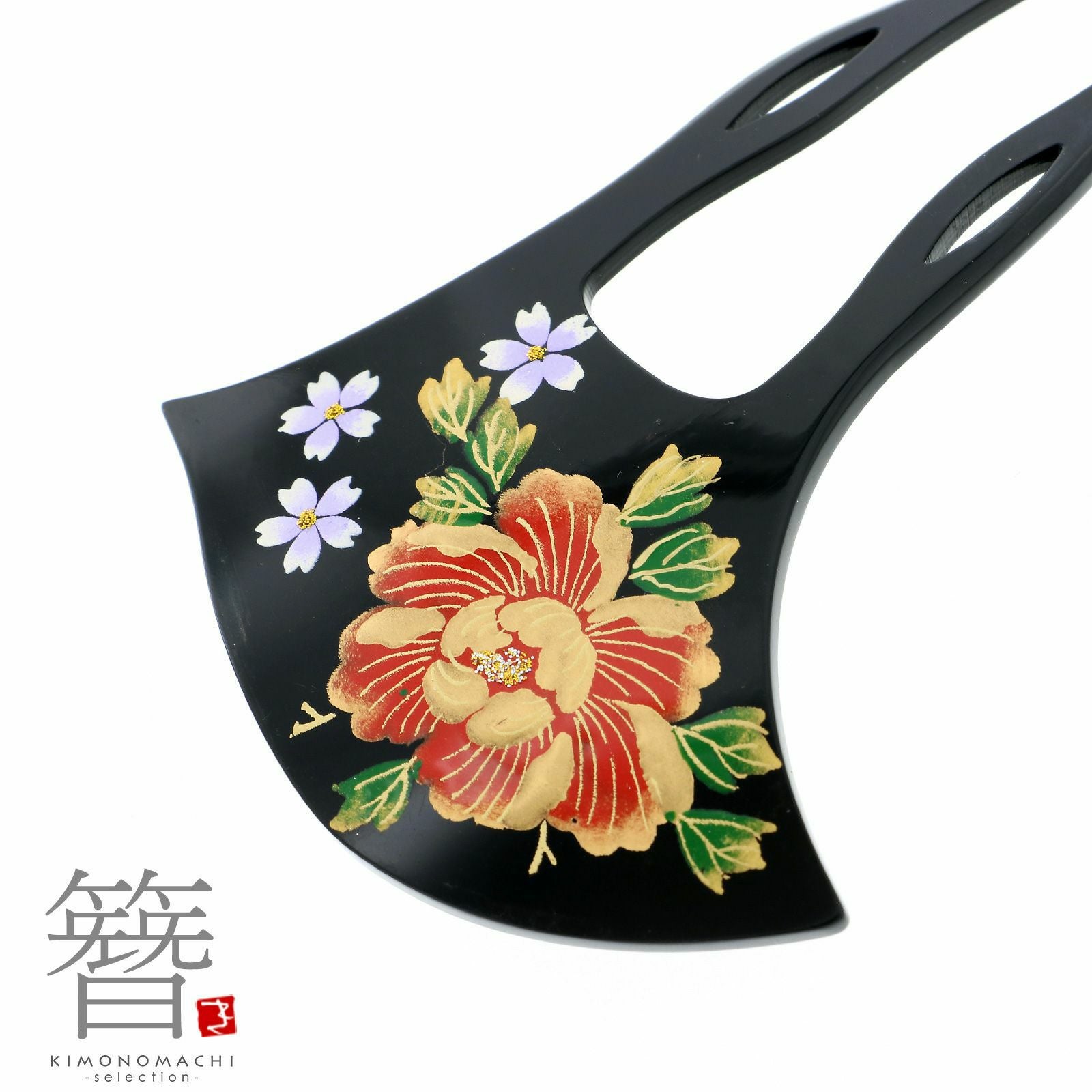 かんざし バチ型 「黒地 緋牡丹と桜 #631」 銀杏型 高級 簪 礼装用