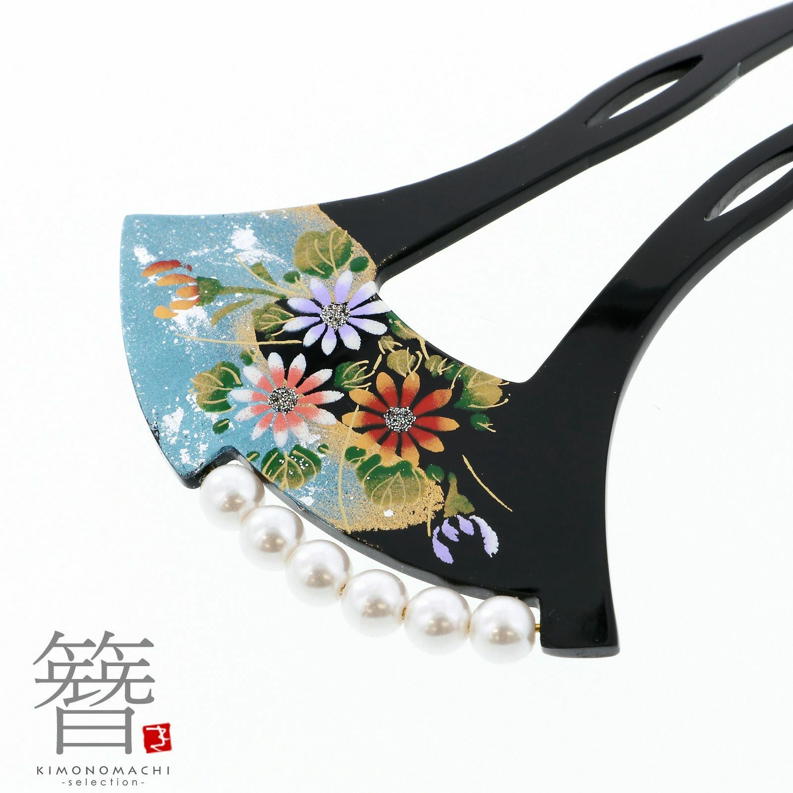 かんざし バチ型 「黒地 パール 小菊 #804」 銀杏型 高級 簪 礼装用