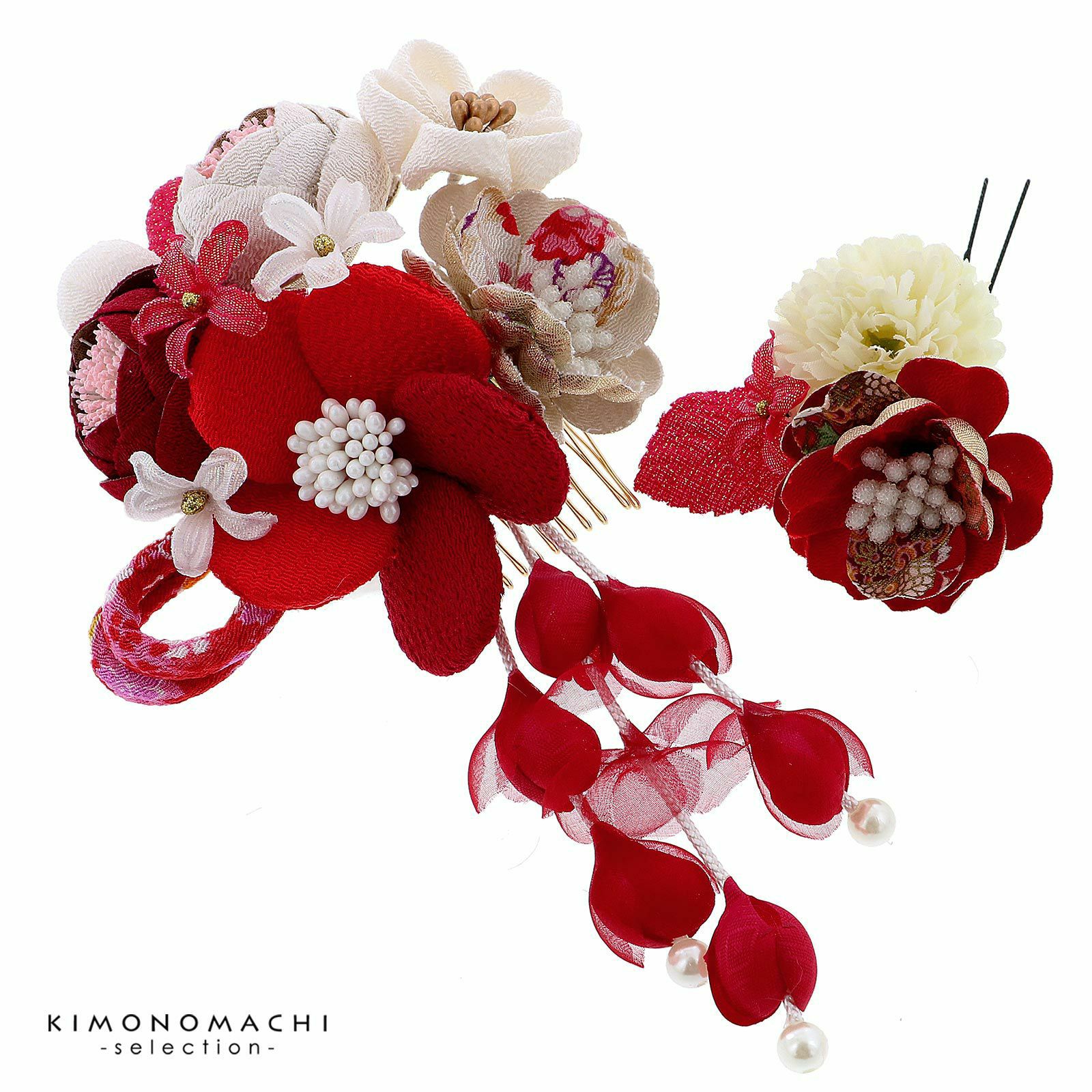 Prices down5】お花髪飾り2点セット「赤、白色 お花と玉、房飾り」髪