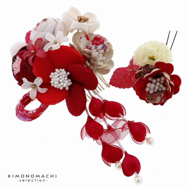 髪飾り　コームとUピン 2点セット 「赤 (No.50591赤)」　振袖用髪飾り　お花髪飾り　成人式　卒業式　結婚式　着物