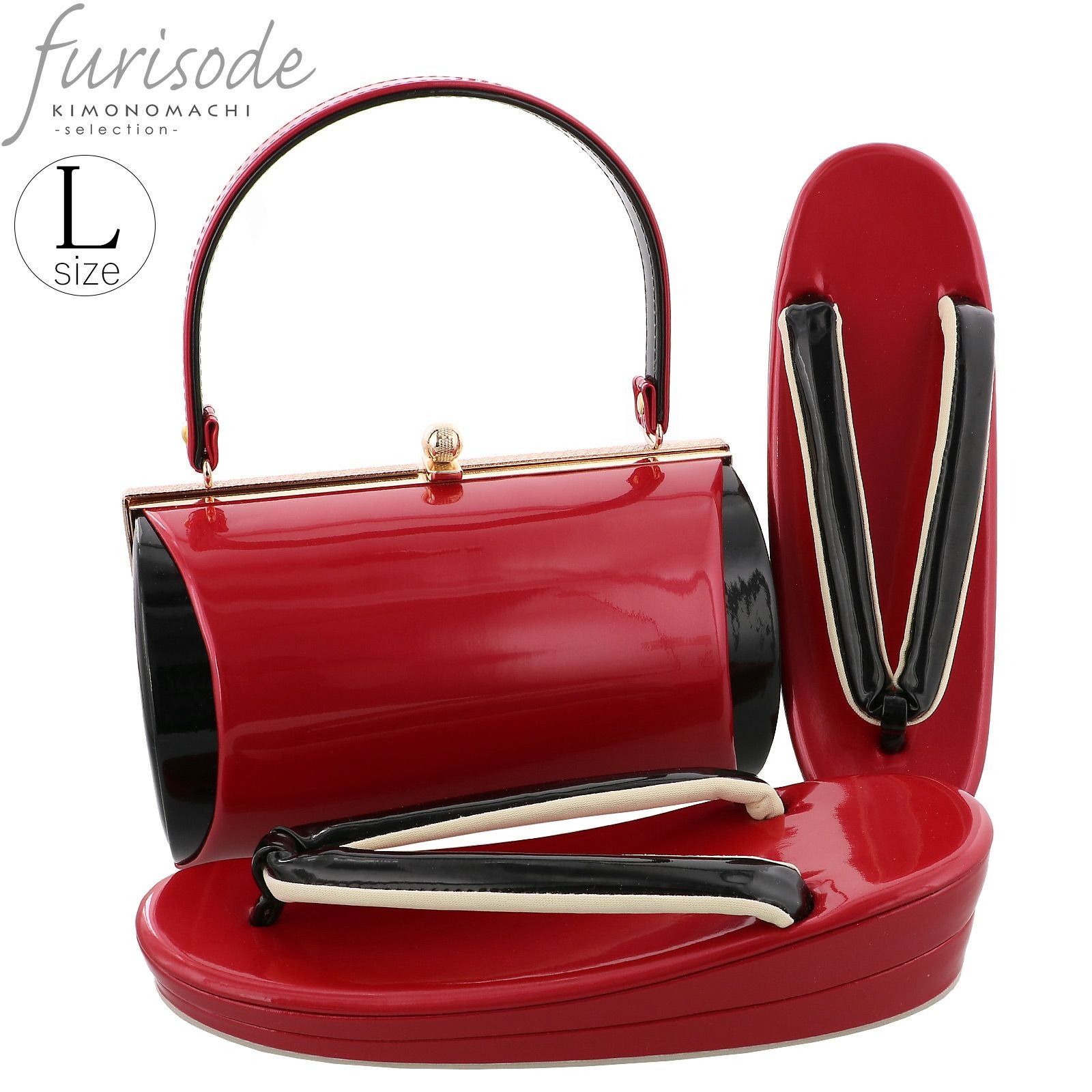 振袖 草履 バッグ 成人式 「レッド×ブラック　No.2」 シンプルな無地　草履Lサイズ　24cm前後　女性用　レディース　振袖用草履バッグセット