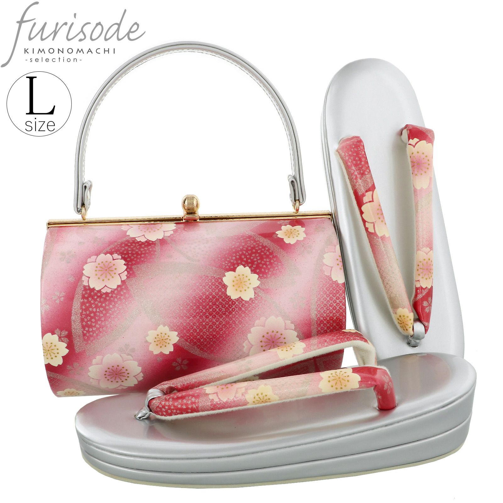 振袖 草履 バッグ 成人式 「薄ピンク×ルビー　八重桜　No.10」 エナメル調　花柄　草履Lサイズ　24cm前後　女性用　レディース　振袖用草履バッグセット
