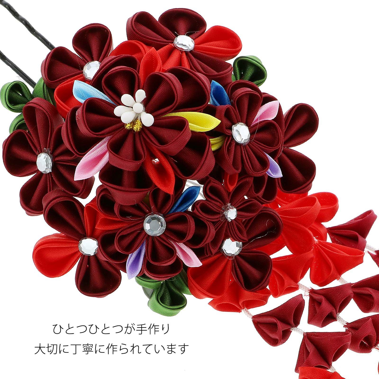 髪飾り つまみ細工 成人式 「エンジ色つまみの花、房下がり No.952