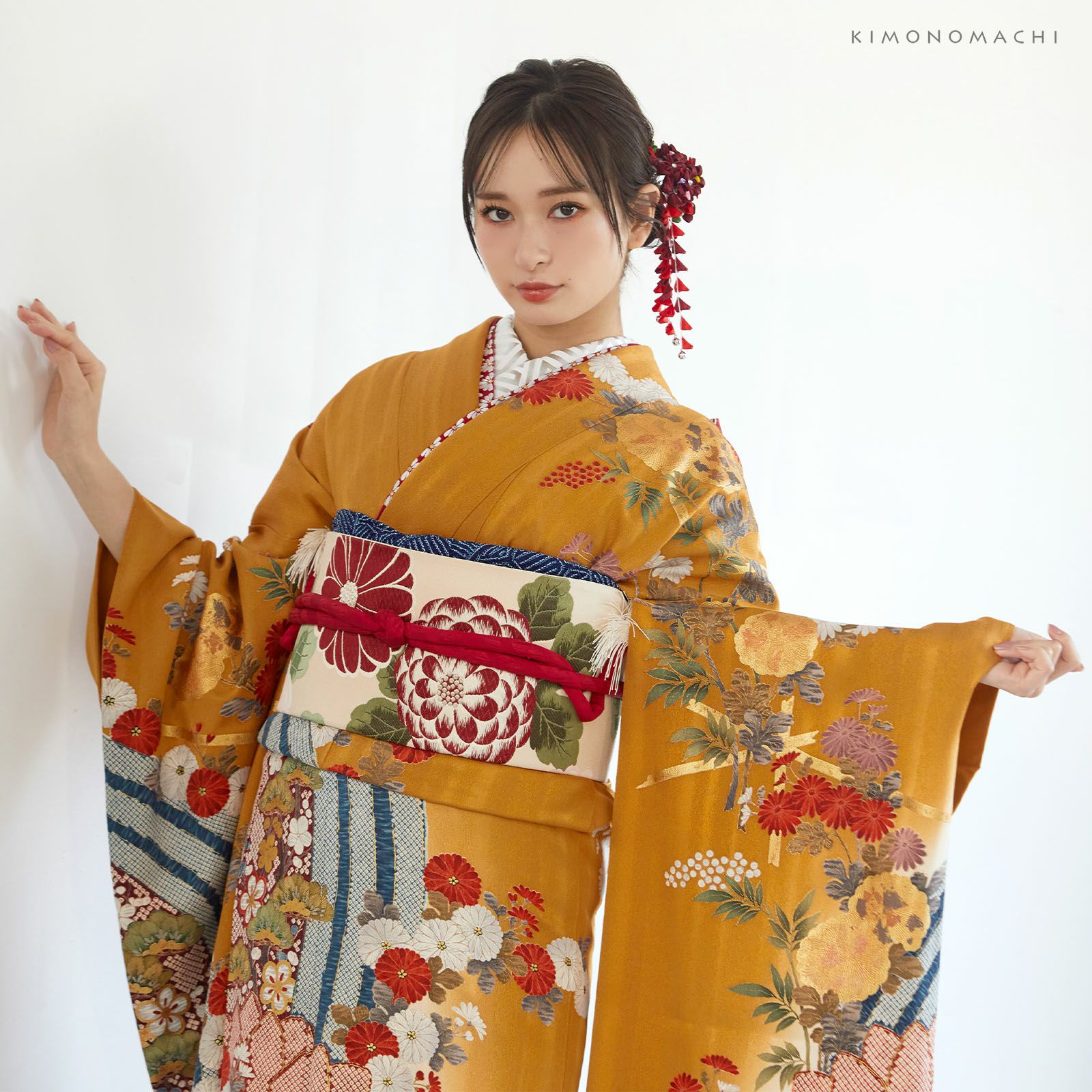 髪飾り つまみ細工 成人式 「エンジ色つまみの花、房下がり No.952