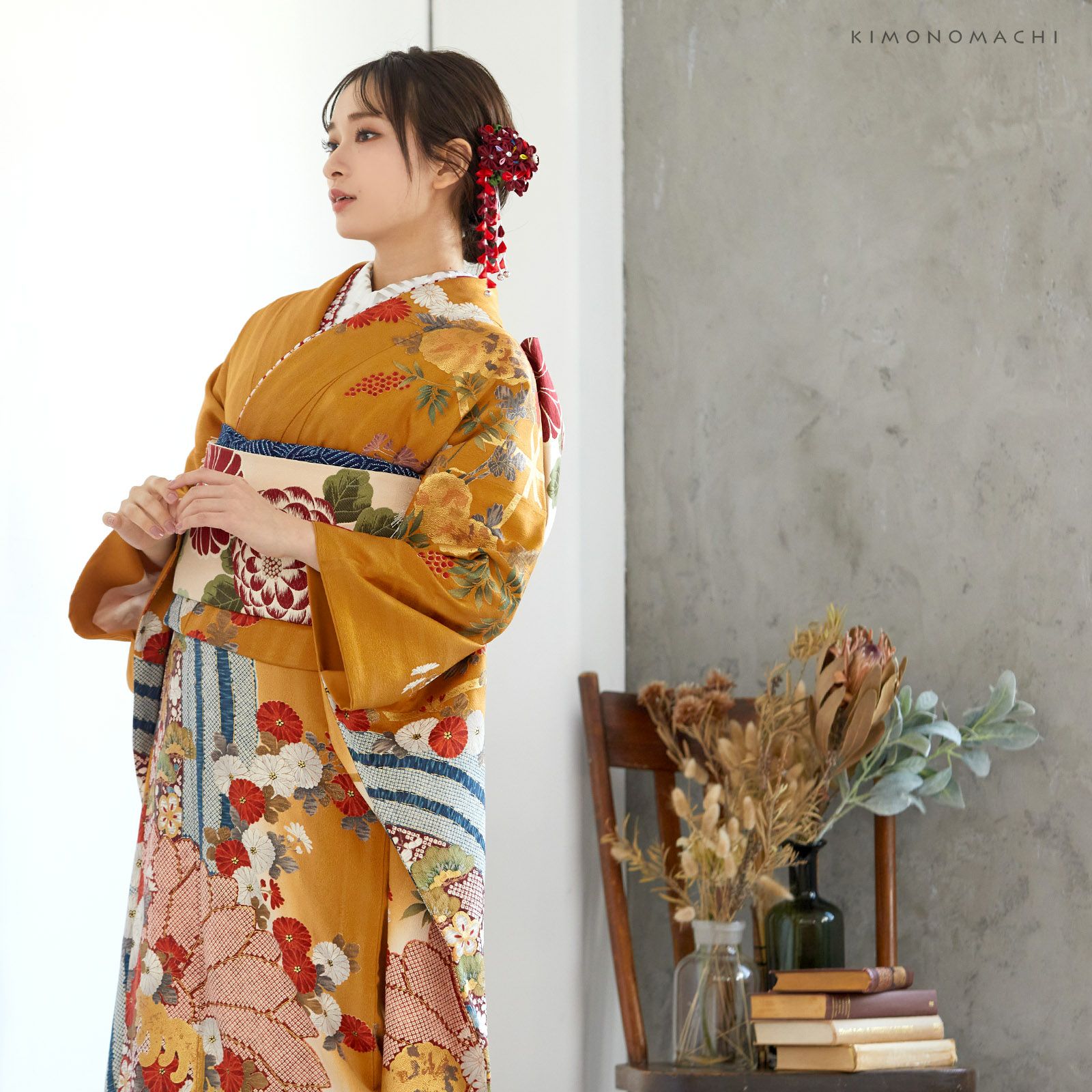 髪飾り つまみ細工 成人式 「エンジ色つまみの花、房下がり No.952