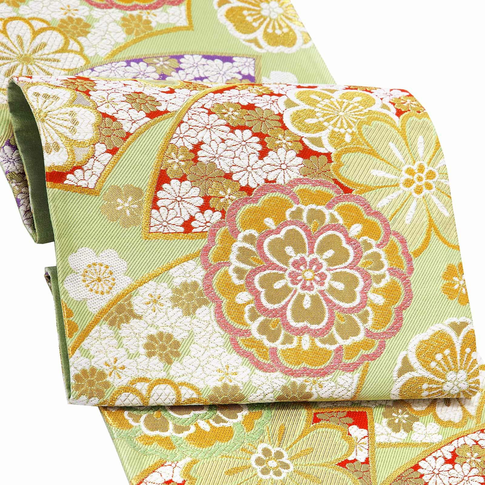 Prices down4】振袖 帯 「薄緑色 扇に花」 日本製 西陣織 証紙番号2362