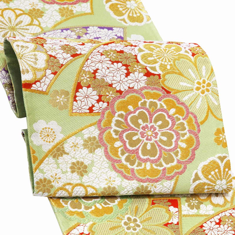 振袖　帯 「薄緑色　扇に花」 日本製 西陣織 証紙番号2362 大光株式会社謹製 絹 未仕立て 六通柄 振袖用 袋帯 振袖帯