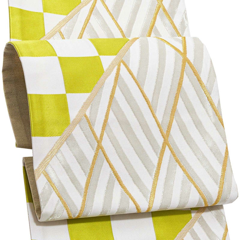 振袖　帯 「縞市松　白×ライム」 日本製 西陣織 証紙番号2392 絹 未仕立て 六通柄 振袖用 袋帯 振袖帯