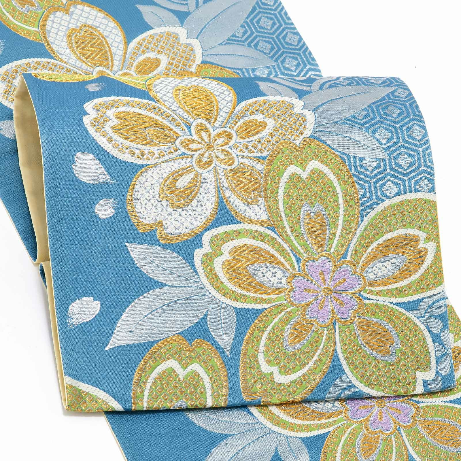 振袖　帯 「青色　雪輪に桜」 日本製 西陣織 証紙番号2293 絹 未仕立て 六通柄 振袖用 袋帯 振袖帯