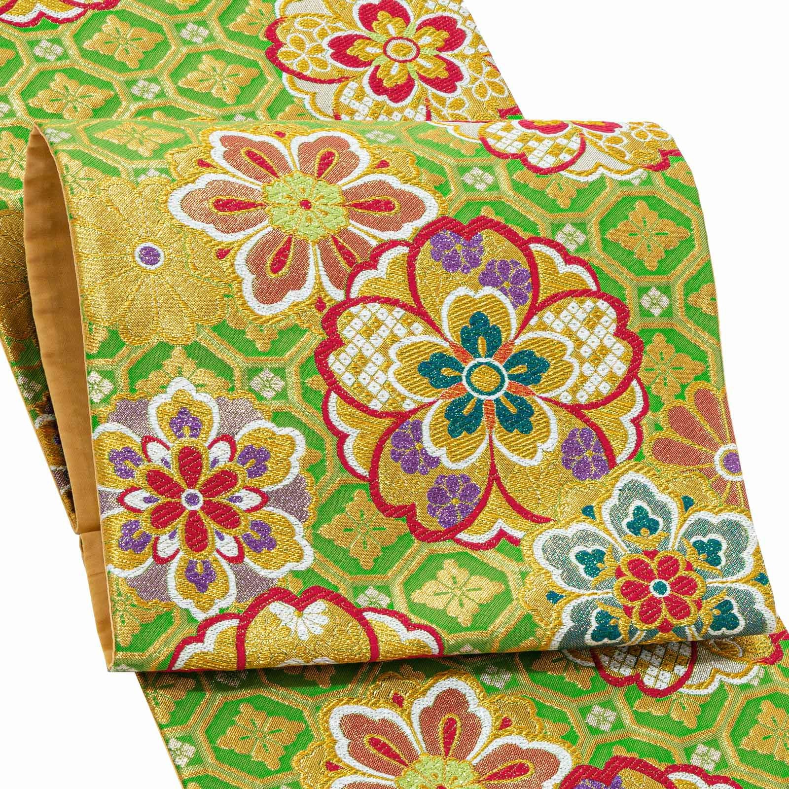 振袖　帯 「黄緑色　蜀江文様と桜」 日本製 西陣織 証紙番号2219 絹 未仕立て 六通柄 振袖用 袋帯 振袖帯