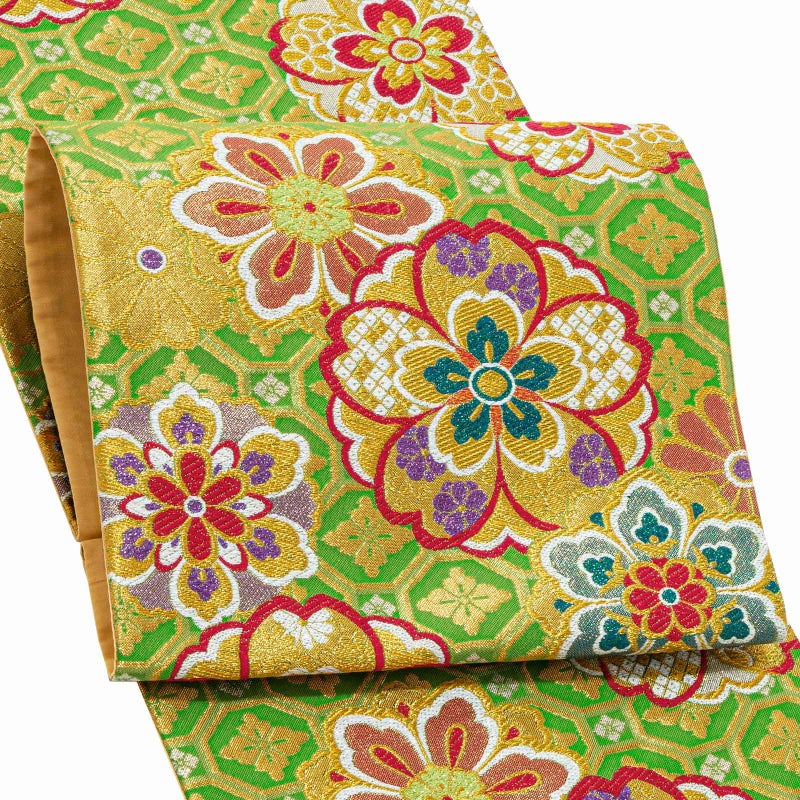 振袖　帯 「黄緑色　蜀江文様と桜」 日本製 西陣織 証紙番号2219 絹 未仕立て 六通柄 振袖用 袋帯 振袖帯