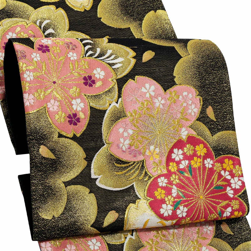 振袖　帯 「黒地　薄紅桜」 日本製 西陣織 証紙番号2409 絹 未仕立て 六通柄 振袖用 袋帯 振袖帯