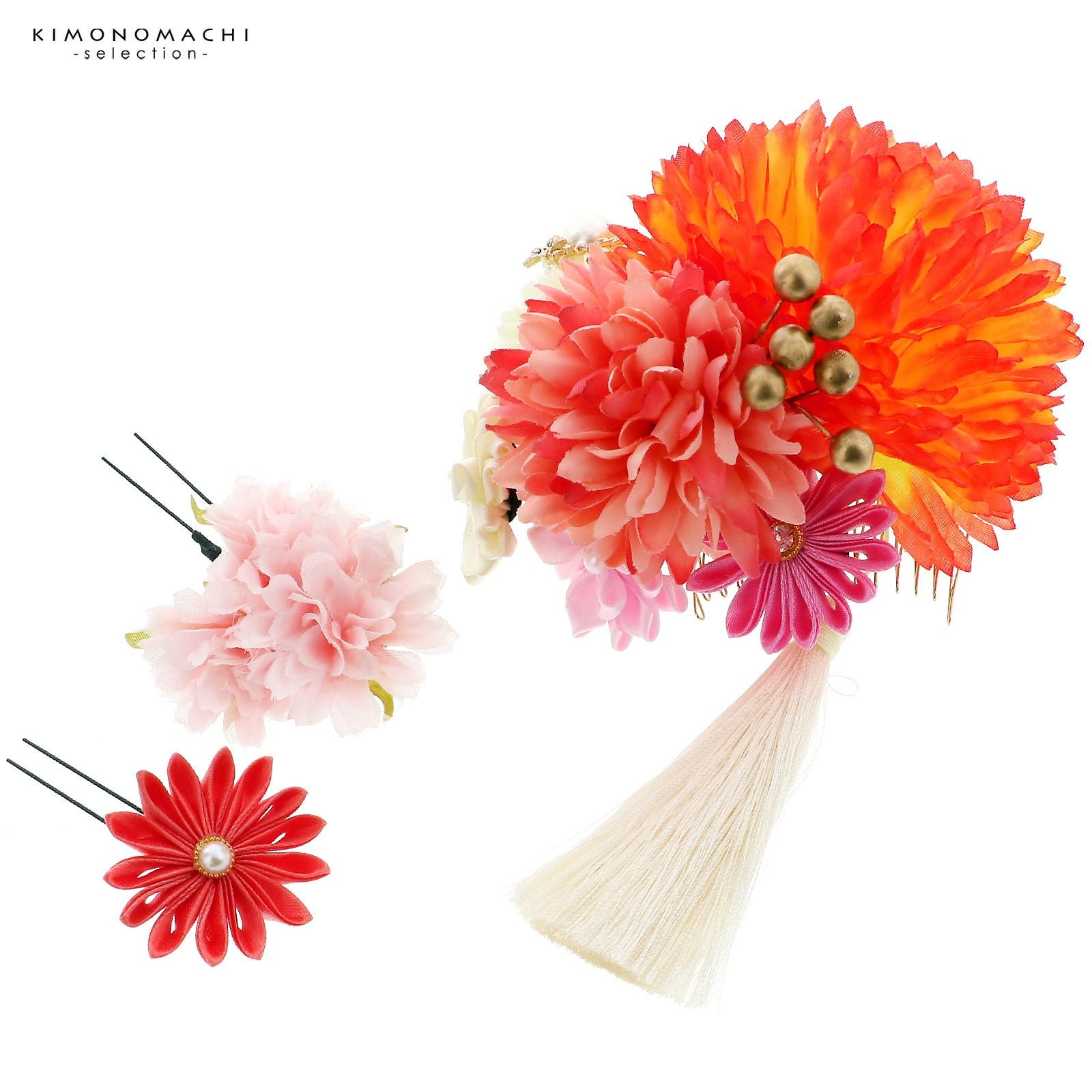 髪飾り 成人式 「コーム髪飾りとUピンの髪飾り3点セット　お花とリボンつまみ　オレンジ」 振袖用髪飾り お花髪飾り 卒業式 結婚式 着物
