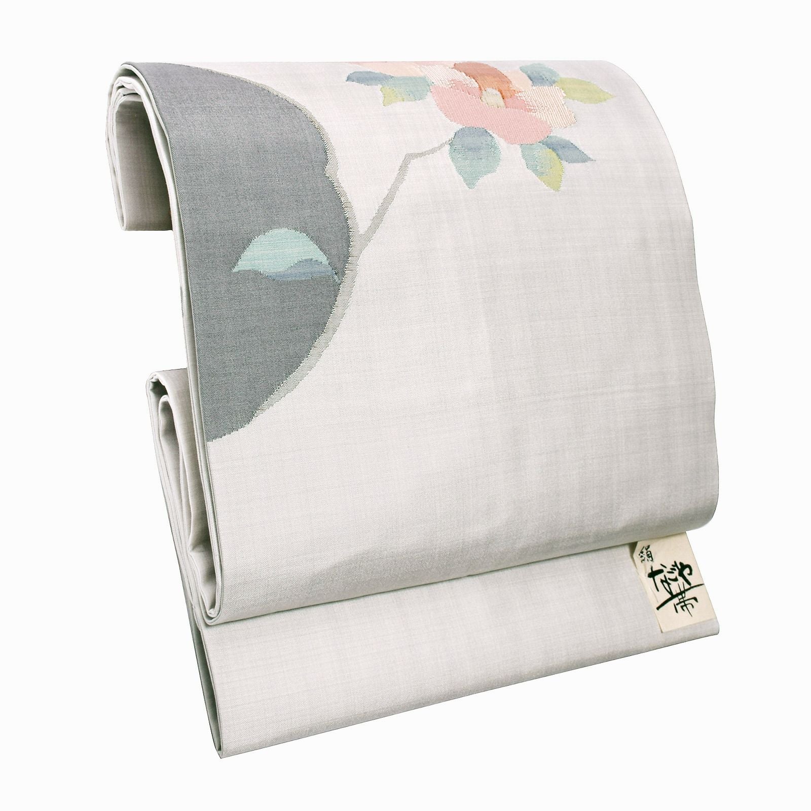 正絹名古屋帯 「灰白色 枝椿」 お仕立て上がり名古屋帯 お太鼓柄 洒落