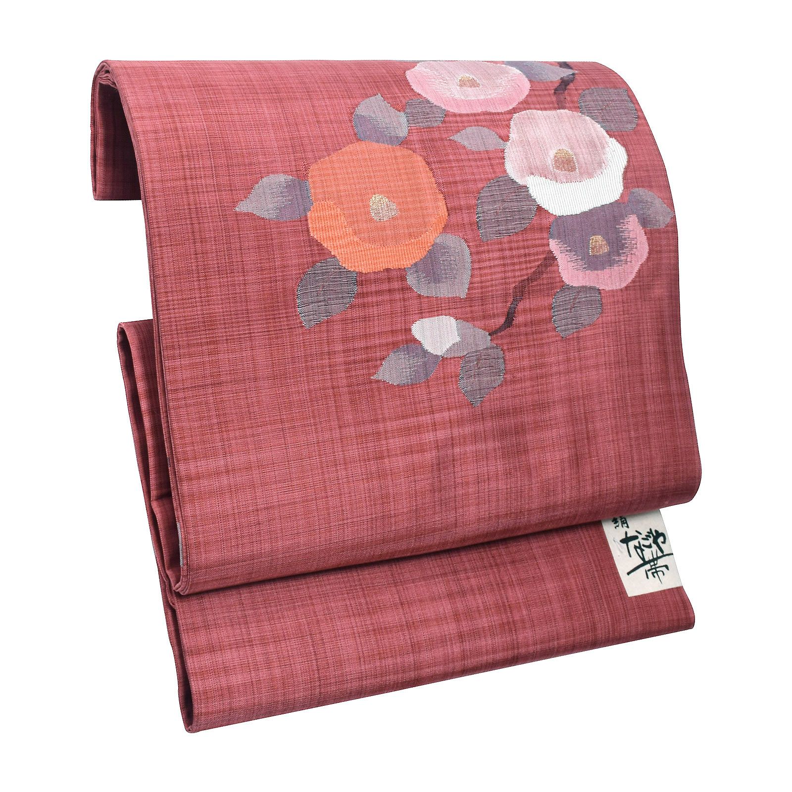 正絹名古屋帯 「赤色 椿」 お仕立て上がり名古屋帯 お太鼓柄 洒落帯 九