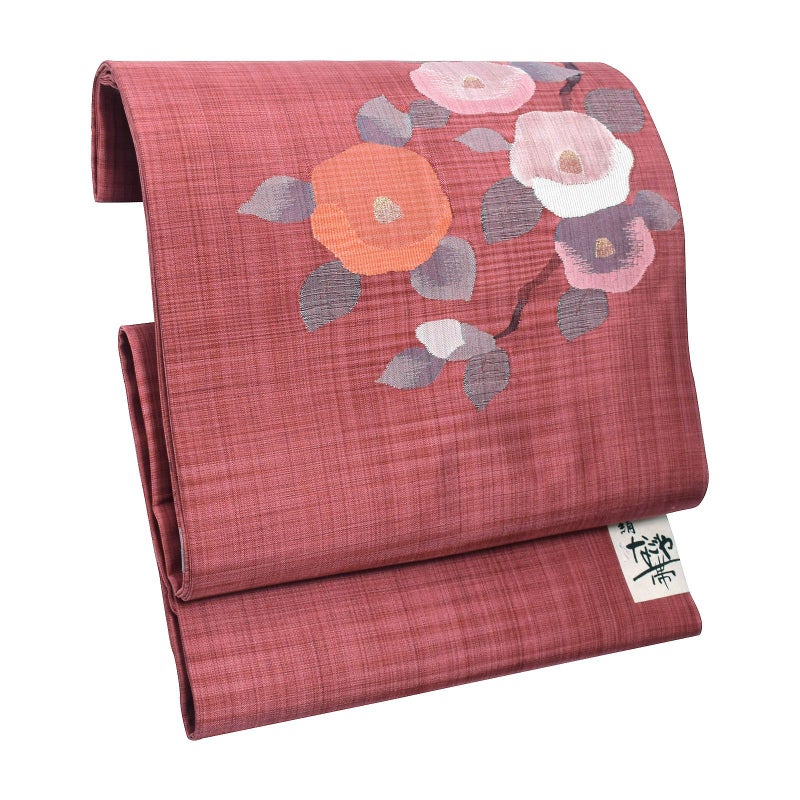 正絹名古屋帯 「赤色　椿」 お仕立て上がり名古屋帯 お太鼓柄 洒落帯 九寸名古屋帯 カジュアル レディース 洒落帯