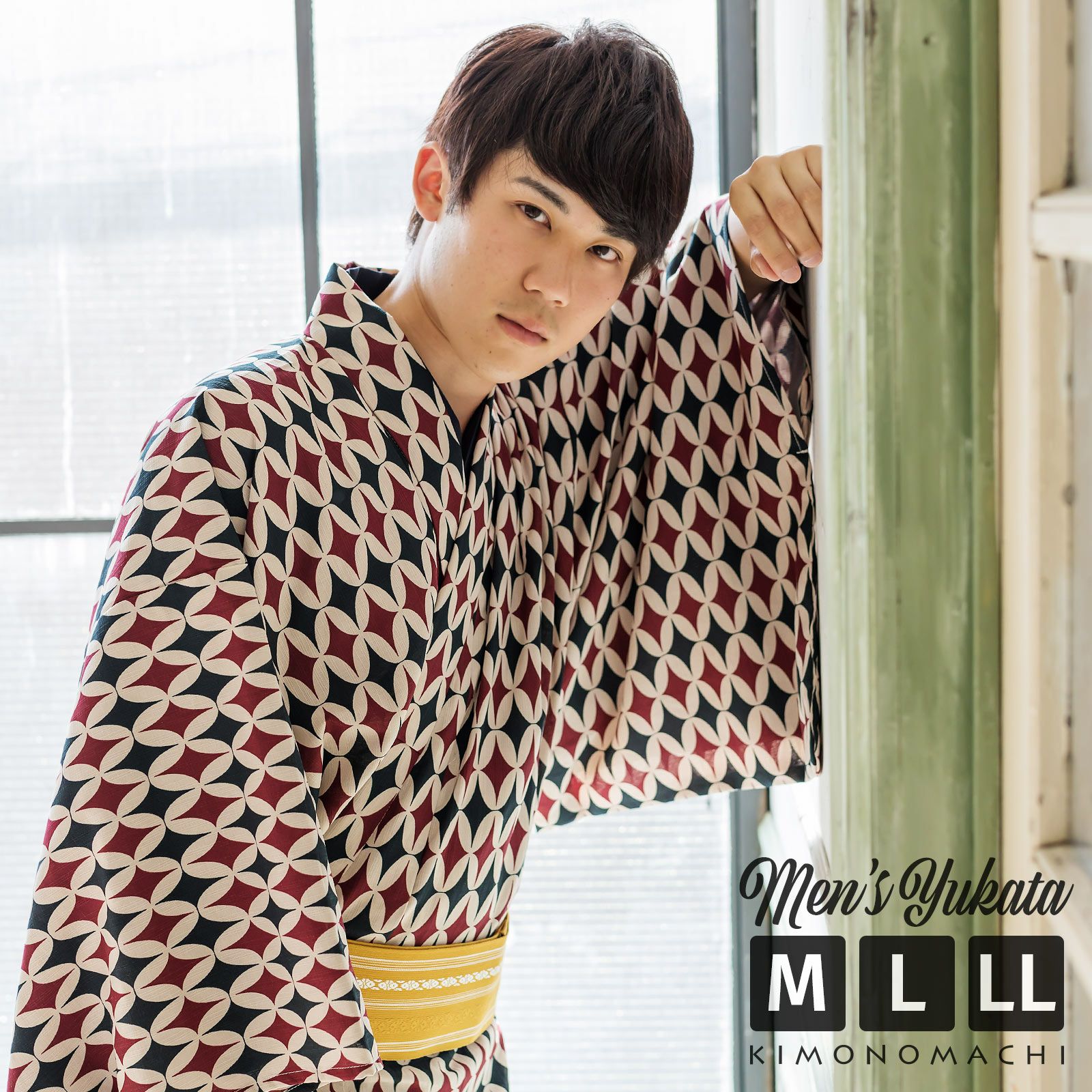 浴衣 メンズ 男性 夏着物 ポリエステル 「ダイヤ七宝　赤」 サイズ M/L/LL(2L) 男浴衣単品 ポリエステル浴衣 男性用浴衣単品 紳士浴衣 ゆかた yukata