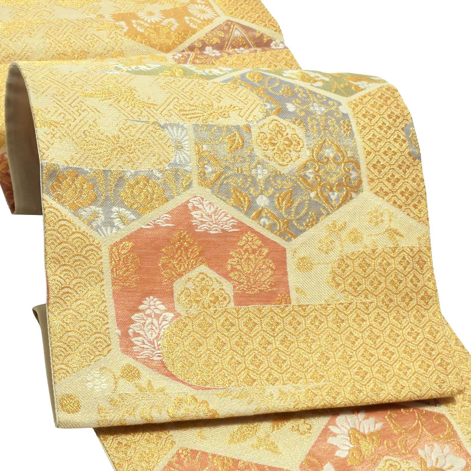 礼装 袋帯 フォーマル 「生成り色地　雲に亀甲、華紋」 日本製 西陣織 西陣織証紙番号No.1810 浅田叡一織物 絹 未仕立て 六通柄 訪問着用 色留袖用 礼装袋帯