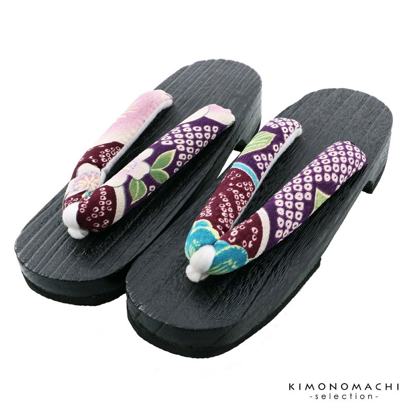 女性下駄単品「和柄　紫　黒台」フリーサイズ（Lサイズ） 23～24.5cm 痛くなりにくい 下駄 女性 レディース KIMONOMACHIオリジナル 桐下駄 浴衣・甚平に 浴衣下駄