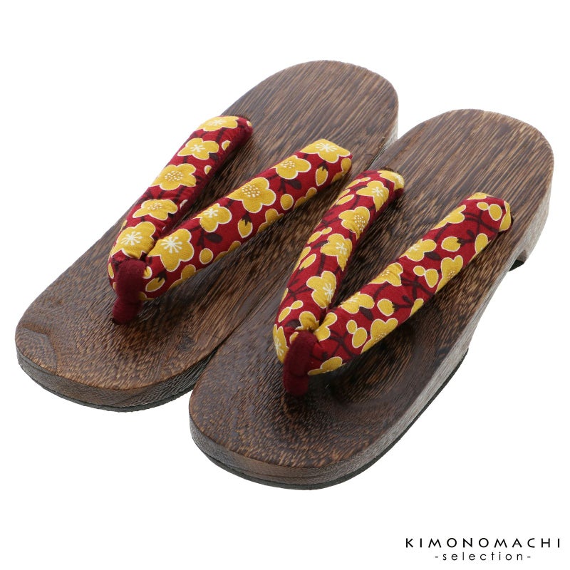 女性下駄単品「梅　エンジ　焼桐」フリーサイズ（Lサイズ）・LLサイズ 23～25.5cm 痛くなりにくい 下駄 女性 レディース 桐下駄 浴衣・甚平に 浴衣下駄
