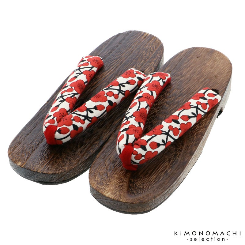 女性下駄単品「梅　白×赤　焼桐」フリーサイズ（Lサイズ）・LLサイズ 23～25.5cm 痛くなりにくい 下駄 女性 レディース 桐下駄 浴衣・甚平に 浴衣下駄