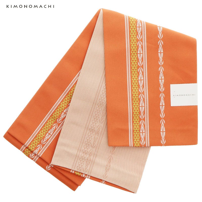浴衣 帯 半幅帯 「献上柄風　珊瑚朱色地×黄緑　裏白地　KIMONOMACHI」 大人 小袋帯 レディース 女性用 浴衣帯 半巾帯 半幅帯単品 京都きもの町オリジナル